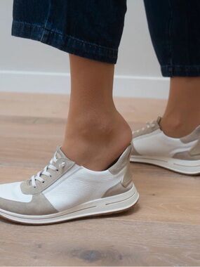 Women's White and Taupe Low-Top Slip-On Sneakers